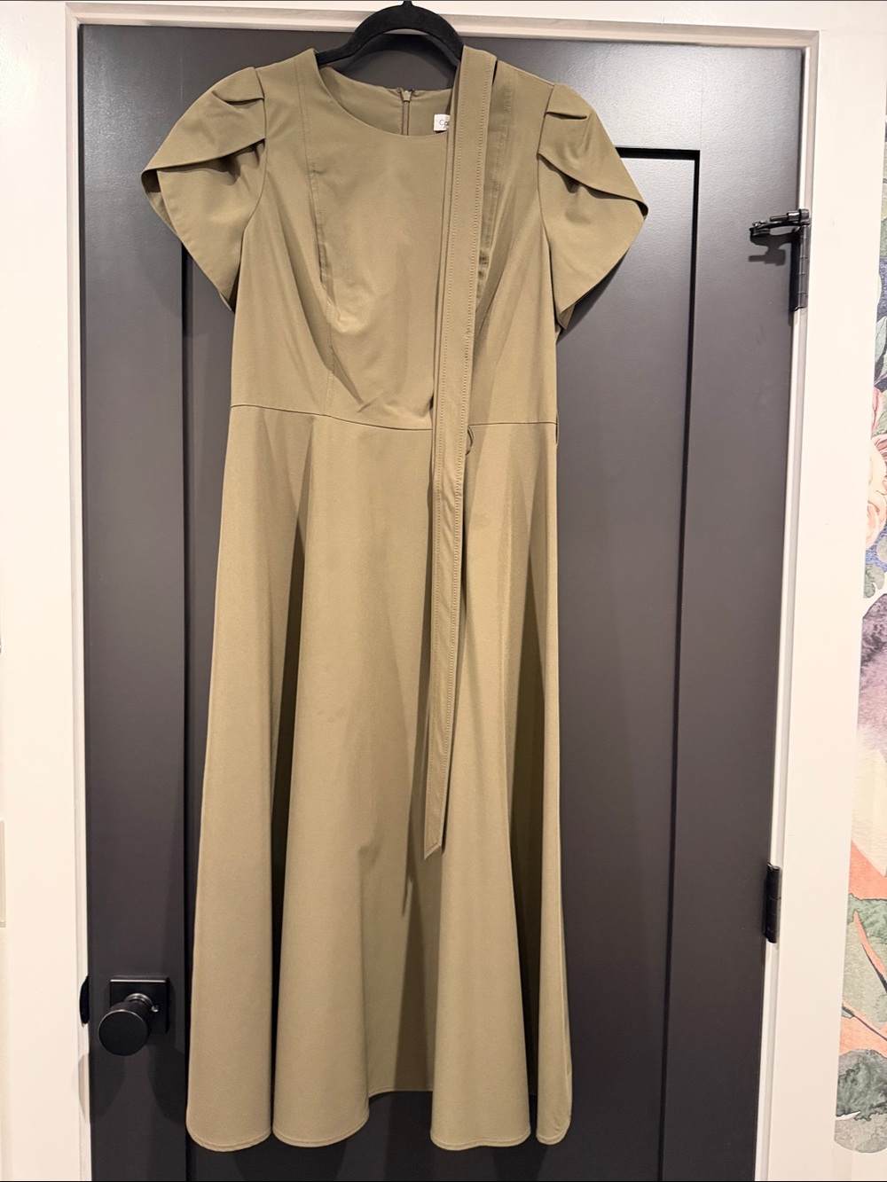 Calvin Klein Olive Green Midi Dress with Tie Waist